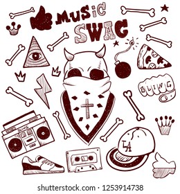 Decorative inscription Music. Street style type for poster cover print clothes pin patch sticker. Modern vector illustration flat design.