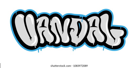 Decorative inscription "Vandal" in Graffiti style on wall by using aerosol spray paint. Street style type for poster cover print clothes pin patch sticker. Modern vector illustration flat design.