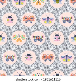 Decorative insect medallion vector seamless pattern. Whimsical Butterfly Ladybug Bee in roundel on dotty background. Scandinavian childish colourful summer print design.