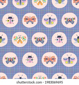 Decorative insect medallion vector seamless pattern. Whimsical Butterfly Ladybug Bee in roundel on checkered background. Scandinavian childish colourful summer print design.