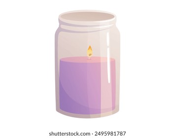 Decorative interior aromatic wax candle with flame in glass jar. Vector isolated cartoon illustration.