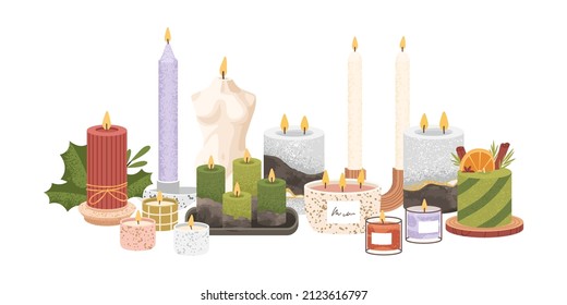 Decorative interior candles in candlesticks. Aroma SPA decoration in jars, on pedestals. Modern aromatic soy wax decor with fragrance and light. Flat vector illustration isolated on white background