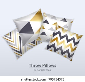 Decorative interior cushions throw pillows satin covers design patterns realistic composition grey background advertisement poster vector illustration 