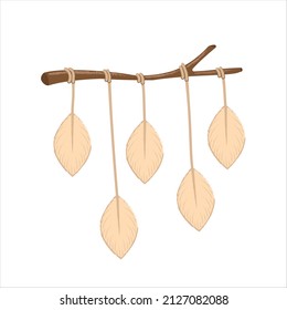 Decorative Interior Element Macrame on a Wooden Stick in the Form of Feathers