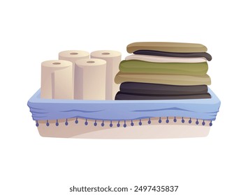 Decorative interior tray, storage container with rolls of paper towels and stack of folded rags or towels. Vector isolated cartoon illustration.