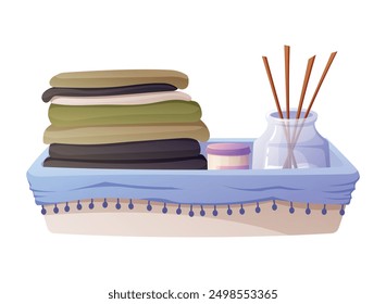 Decorative interior tray, storage container with aroma diffuser and stack of folded rags or towels. Vector isolated cartoon illustration.