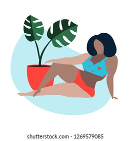 Decorative interior vector illustration isolated. Hand drawn plus-size woman sitting near green potted plant in minimalist style. Naive art. Body positive.