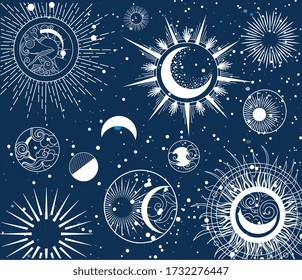 Decorative intricate background astrological pattern of the moon phases over a midnight blue background, colored vector illustration