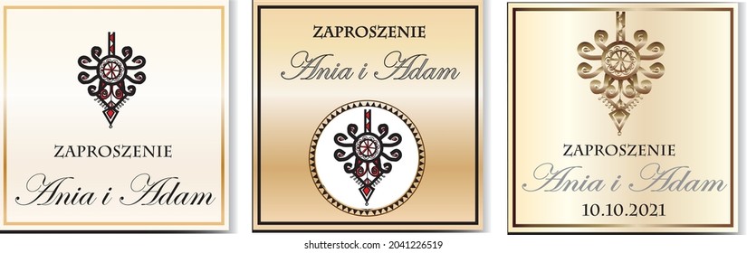 
Decorative invitation in brown color showing highlander foclos and characteristic signs.