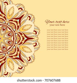 Decorative invitation card with round floral ornament. Vector background.