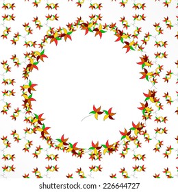 Decorative invitation template with round frame of stylized flowers in autumn colors. Vector design element.