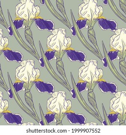 Decorative iris flowers silhouettes seamless floral pattern. Pale blue background. Botanic backdrop. Vector illustration for seasonal textile prints, fabric, banners, backdrops and wallpapers.