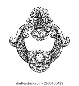 decorative iron door knocker hand drawn. ornate traditional, handcrafted unique, heavy durable decorative iron door knocker vector sketch. isolated black illustration