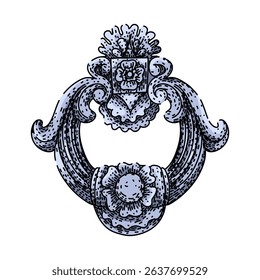 decorative iron door knocker hand drawn. ornate traditional, handcrafted unique, heavy durable decorative iron door knocker vector sketch. isolated color illustration