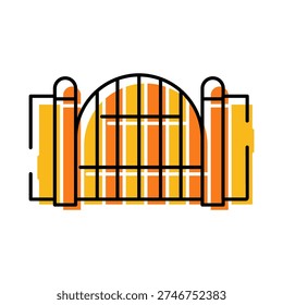 Decorative iron gate displaying a barrier for access, providing security and delineating a boundary with its arched top and vertical bars in a stylized icon presentation