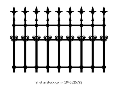 Decorative iron wrought fence silhouette with artistic forging isolated on white background. Metal guardrail. Steel modular railing. Vintage gate with swirls. Forged lattice fence. Vector illustration