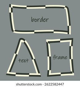 Conjunto de marco geométrico decorativo. Elegante adorno a cuadros. Cuadrado, rectángulo, fondo de forma irregular triángulo, color blanco negro vintage, espacio de texto, gráfico moderno, Ilustración vectorial única
