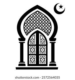 A decorative Islamic arch window design featuring intricate patterns, along with a crescent moon and star symbol representing cultural and religious themes.