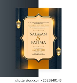 decorative islamic wedding celebration flyer with lantern design vector