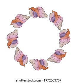 Decorative isolated colorful vector elegant illustration design vignette circular frame of seashells. The design is perfect for wallpapers, fabrics, decorations, wrapping paper, backgrounds.