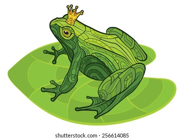 Decorative isolated frog with crown on the leaf. Vector illustration