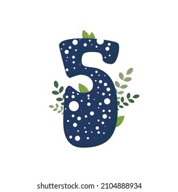 Decorative isolated number five with leaves. Element for party, card, invitation