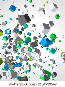 Decorative isometric squared multicolored cubes dynamic flow geometric futuristic toy poster background template vector illustration. Colorful flying brick block box falling particles movement