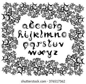 Decorative italic lowercase letters of the Roman alphabet, composed of scrolls and calligraphic strokes
