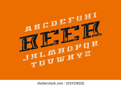 Decorative italic serif font. Letters with rough texture for logo and label design. Print on brown background