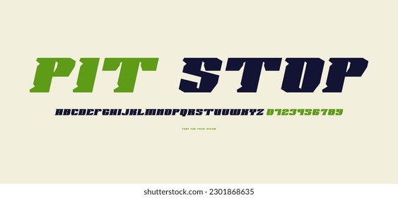 Decorative italic serif font in military style. Square letters and numbers for logo and emblem design
