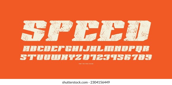 Decorative italic serif font in military style. Square letters and numbers with rough texture for logo and emblem design