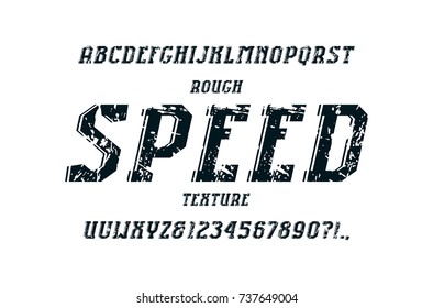 Decorative italic serif font in the sport style. Letters and numbers with rough texture for logo and title design. Print on white background