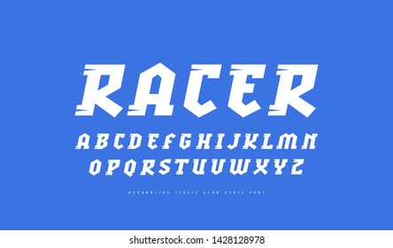 Decorative Italic slab serif font. Letters for logo design. Isolated on blue background