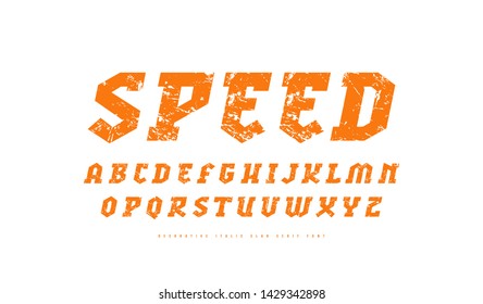 Decorative Italic slab serif font. Letters with vintage texture for logo and emblem design. Orange  print on white background