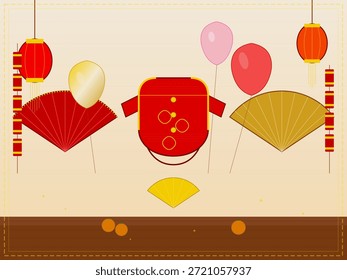 Los artículos decorativos están dispuestos con linternas rojas, abanicos y globos sobre un fondo beige. Una caja roja está en el centro. Esta escena sugiere una celebración festiva o un evento especial.