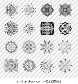 Decorative items to decorate your work. Vector graphic elements for design. Geometric fashion pattern. Vector mandala. The circular pattern. Set of 16 elements