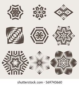 Decorative items to decorate your work. Vector graphic elements for design. Geometric fashion pattern. A set of nine circular patterns.