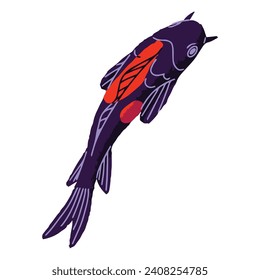Decorative Japanese carp floating top view. Asian koi with black scales. Patterned nishikigoi with red spots, fins. Oriental pond fish, animal. Water fauna. Flat isolated vector illustration on white