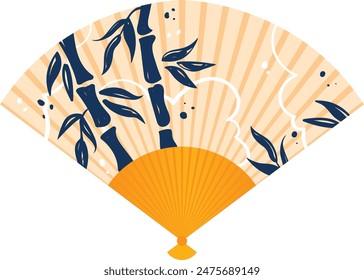Decorative Japanese hand fan bamboo design orange yellow blue rays isolated white background. Beautiful Asian fan accessory wooden frame elegant traditional style. Hand bamboo leaves nature pattern