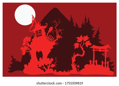 Decorative Japanese landscape with mountains, trees and buildings. A drawing made of three silhouettes.