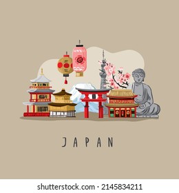 Decorative Japanese landscape with temples, architecture, sakura, oriental lanterns, sculptures, statues, nature isolated on beige. Сoncept of a postcard about traveling in Japan. Vector illustration
