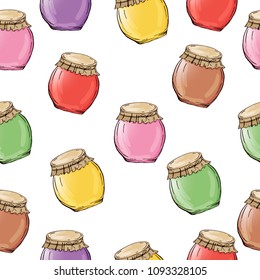 Decorative jars with jam. Pickles. Blanks for the winter. Hand drawing. For your design. Bright.