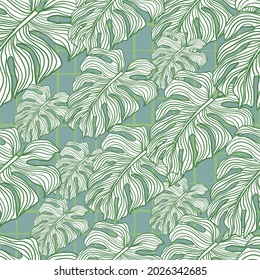 Decorative jungle seamless pattern with green contoured monstera leaf print. Pale blue background. Decorative backdrop for fabric design, textile print, wrapping, cover. Vector illustration.