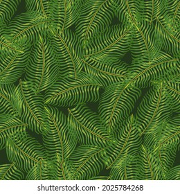 Decorative jungle seamless pattern with random green fern leaf silhouettes. Nature doodle ornament. Graphic design for wrapping paper and fabric textures. Vector Illustration.