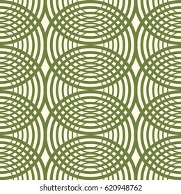 Decorative kaleidoscope seamless pattern with green rounds as streaks on the water and symmetric geometric elements vector illustration