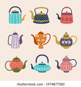 Decorative kettle. Colored kitchen householder ceramic utensils for hot drinks recent vector flat illustrations collection