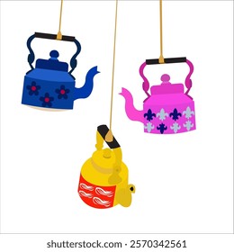 Decorative kettle hanging vector decoration design for Indian wedding mehendi haldi ceremony invitation, pool party cocktail night, beach wedding
