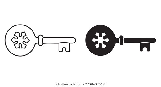 Icono de llave decorativo con una forma de copo de nieve en la cabeza. Un gráfico de Vector simbólico para Navidades, invierno, magia navideña, desbloquear la temporada y diseño festivo.