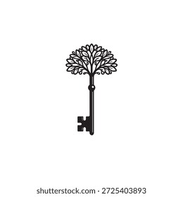 Decorative key topped with tree of life, symbolizing connection, wisdom, and life energy in minimal black illustration style.