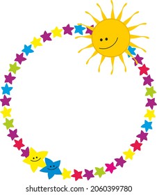 Decorative kids round frame and baner with stars  and sun